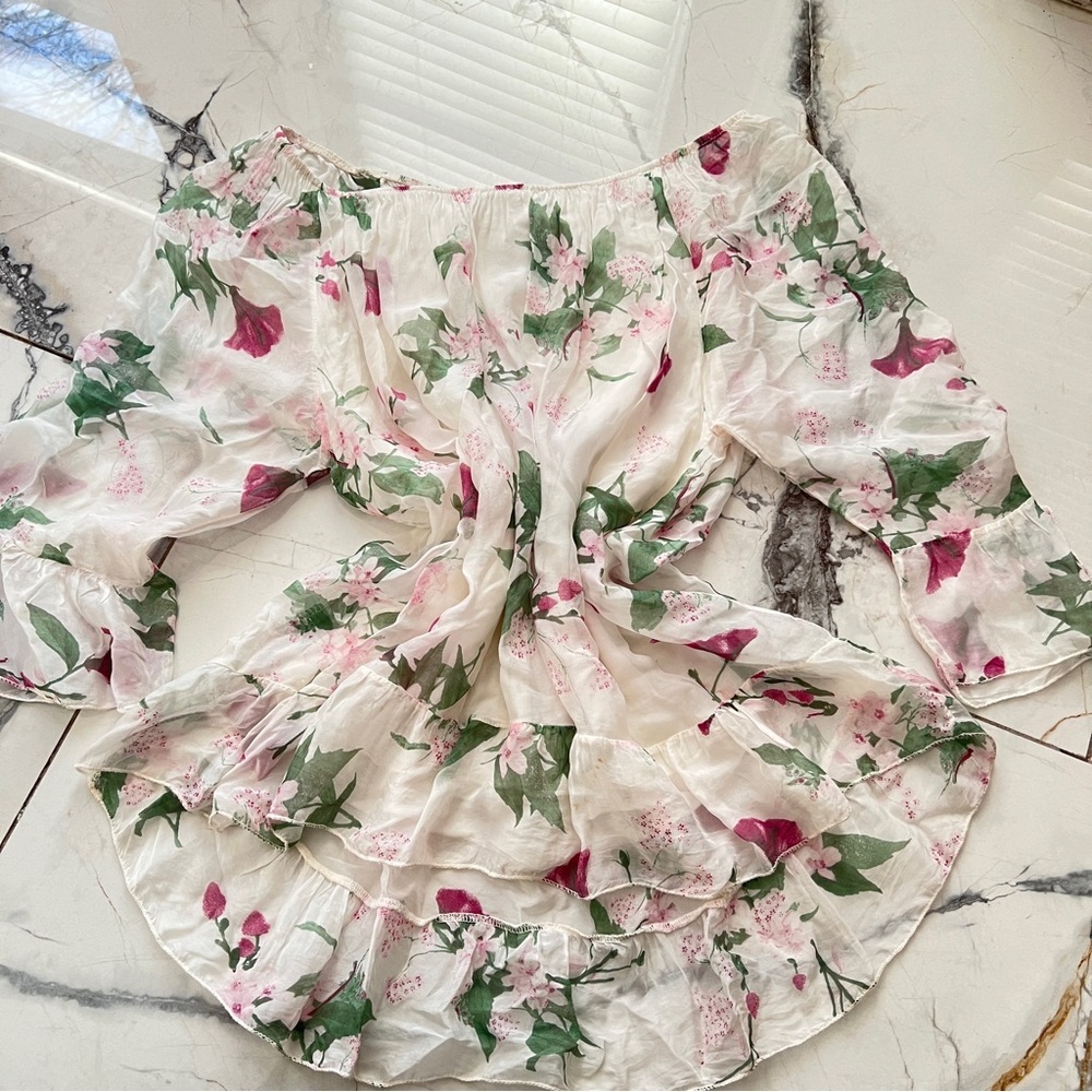 Belle France Floral Off-Shoulder Silk Blouse Women’s Small